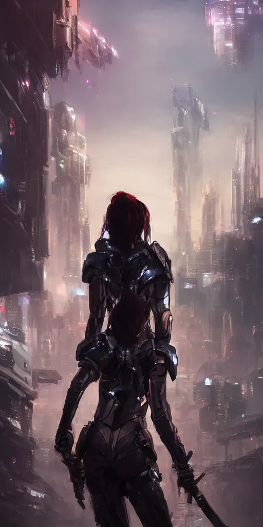 Prompt: back shot of a beautiful girl in sci - fi armour gazing back, holding two swords. by wlop. artstation contest winner, cinematic paint. lower shot. dramatic cloud and ruined city in background. cyberpunk