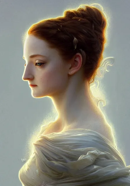 Image similar to portrait of little pretty sansa stark, intricate, elegant, highly detailed, digital painting, artstation, concept art, smooth, sharp focus, illustration, art by artgerm and greg rutkowski and alphonse mucha and william - adolphe bouguereau