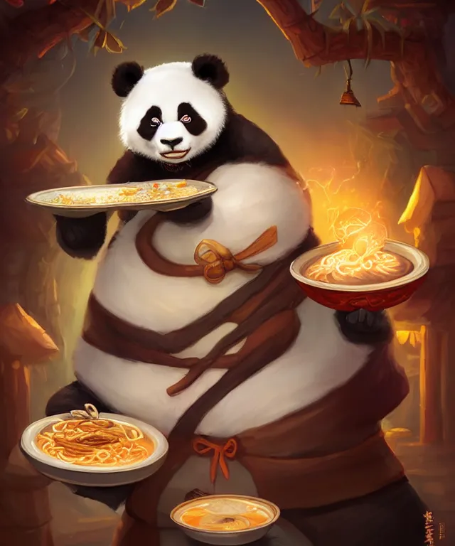 Image similar to a portrait an anthropomorphic panda mage eating ramen, wearing mage robes, restaurant in background, cute and adorable, dnd character art portrait, well rendered matte fantasy painting, deviantart artstation, by jason felix by steve argyle by tyler jacobson by peter mohrbacher, cinematic lighting