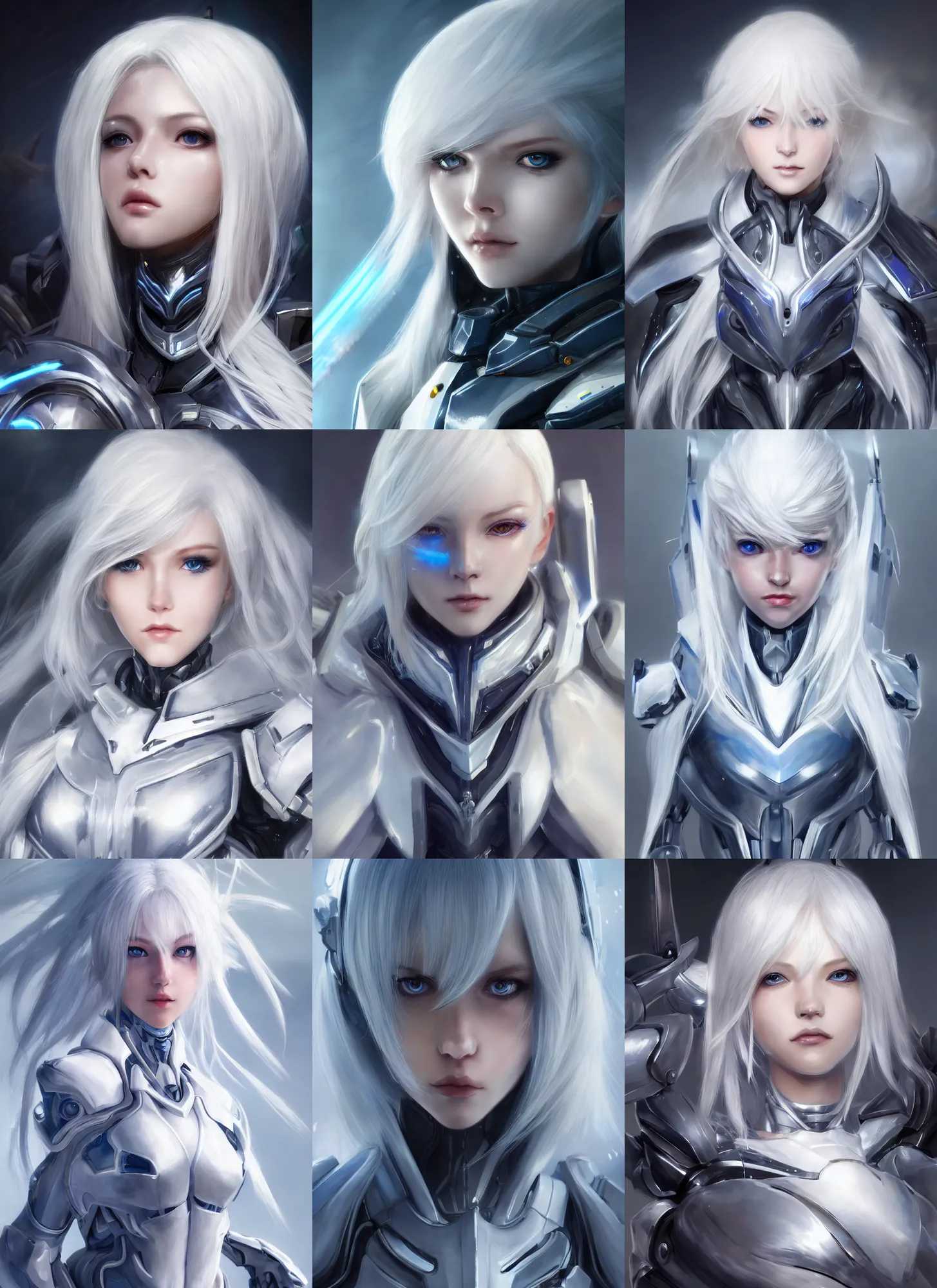 Image similar to detailed portrait of perfect white haired girl, android, warframe armor, beautiful, pretty face, blue cyborg eyes, innocent, scifi, 4 k, sun yunjoo, ultra realistic, aura of light, cinematic lighting, highly detailed, sharp focus, artstation, masterpiece, art by hyungjin yang and akihiko yoshida