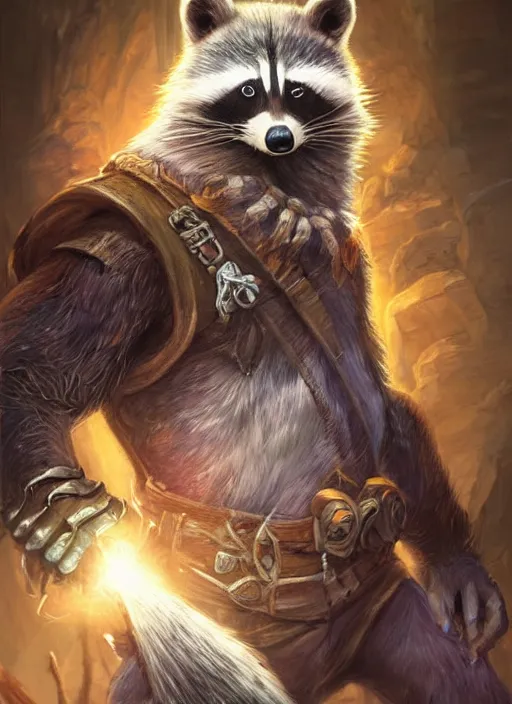 Prompt: human racoon animorphic, ultra detailed fantasy, dndbeyond, bright, colourful, realistic, dnd character portrait, full body, pathfinder, pinterest, art by ralph horsley, dnd, rpg, lotr game design fanart by concept art, behance hd, artstation, deviantart, hdr render in unreal engine 5