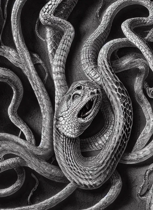 Image similar to snake with three heads with translucent skin, visible muscles and veins and arteries and bones and spines and nerves, beautiful detailed intricate insanely detailed octane render, 8k artistic photography, photorealistic, chiaroscuro, by David Cronenberg, Raphael, Caravaggio