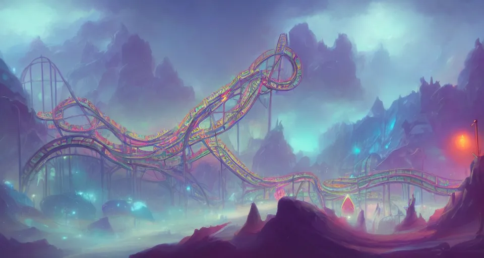 Image similar to a roller coaster with Pastel coloring by peter mohrbacher, vivid colors, matte painting, 8K, concept art, mystical color scheme, trending on artstation