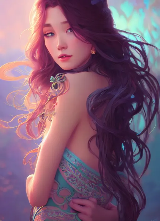 Image similar to beautiful girl with long turqoise hair, cute, intricate, highly detailed, digital painting, trending on artstation, concept art, smooth, sharp focus, backlit, rim light, illustration, unreal engine 5, 8 k, art by rossdraws and alphonse mucha