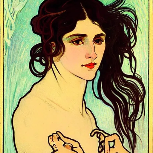 Prompt: painting of handsome beautiful dark medium wavy hair woman in his 2 0 s, dressed as an oracle, foreseeing the future, elegant, clear, painting, stylized, delicate, soft facial features, art, art by alphonse mucha, vincent van gogh, egon schiele