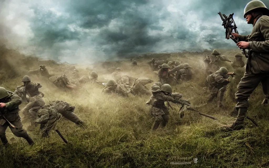 Image similar to fight ww 1, deep trenches with fortifications, natural landscape, green and blue tones, soldiers fighting against aliens from resistance game, realistic people, ground explosion in the background, alien mothership in the sky, hyper realistic, highly detailed, dramatic lighting, raytarced, god rays, 4 k, 8 k, art by artgem, closeup