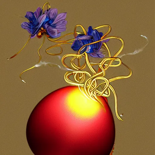 Image similar to an elaborate glowing red and blue egg emerging from the blossom of a metallic gold flower with tendrils of gold wrapping around the egg, magic eggplant, fantasy concept art