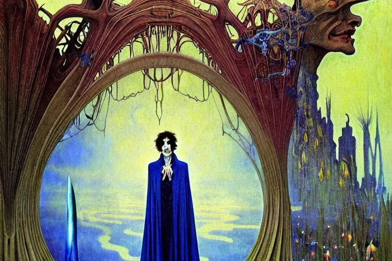 Image similar to realistic extremely detailed portrait painting of an elegantly creepy vampire man in a cape, futuristic sci-fi castle on background by Jean Delville, Amano, Yves Tanguy, Alphonse Mucha, Ernst Haeckel, Edward Robert Hughes, Roger Dean, rich moody colours, blue eyes