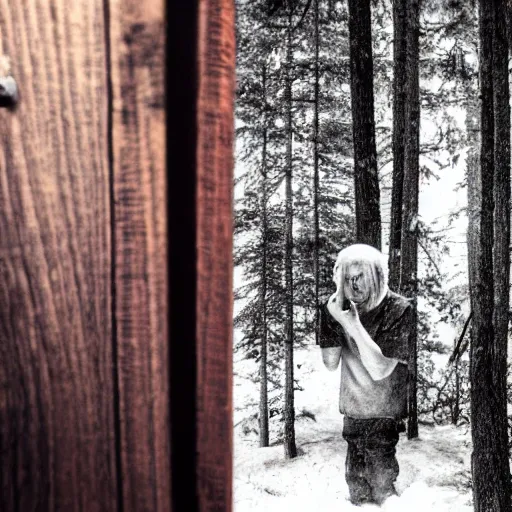 Image similar to locked in a cabin in the woods : a horror story come to life, this photo idea features a person locked in a cabin with a madman outside, trying to get in.