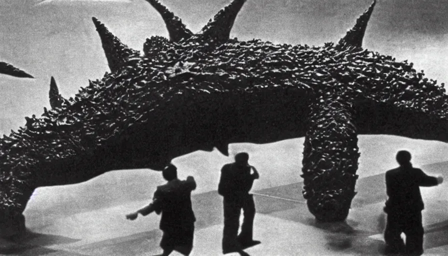 Image similar to rare vintage footage of a giant Kaiju Starfish monster, overshadowing Kim Jong-il, shin sang-ok and Choi Eun-hee escaping, 1985, Pyongyang, obscured underexposed view