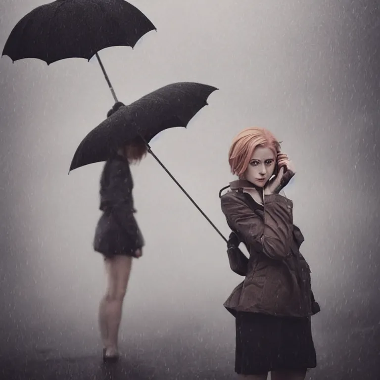 Image similar to cute annie leonhart with an umbrella wallpaper, beautiful face, pale skin, rule of thirds, cinematic lighting, rainy weather, melancholy atmosphere, sharp focus, backlit, model agency, instagram photo, shot on iphone 1 3 pro max, hyper realistic,