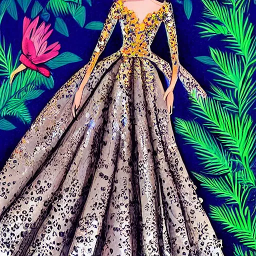 Image similar to zuhair murad dress fashion illustration by eko nugroho, jungle background, fine detail