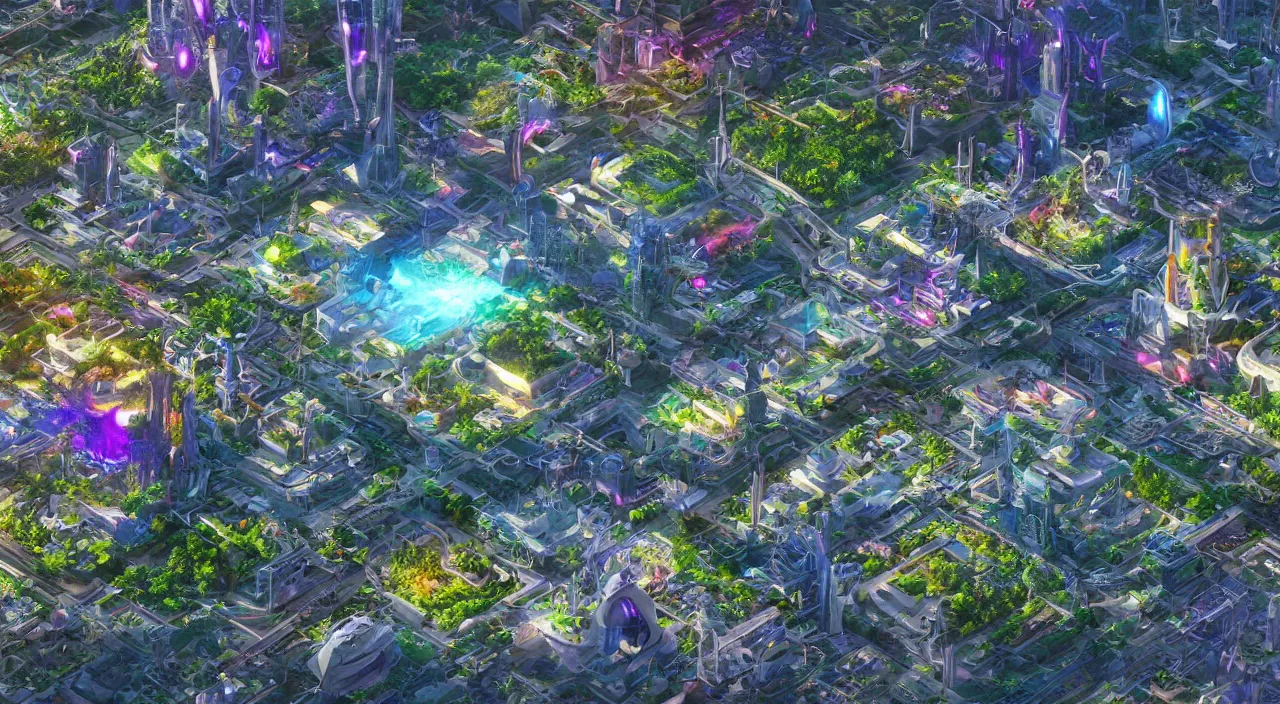 Prompt: isometric view of a futuristic city of psychedelic architecture, surrounded by lush nature - rays, ray - tracing, cinematic lighting, 8 k smooth, vibrant colors, ambient occlusion, hdr, complex, highly atmospheric lighting, highly detailed, alex grey, greg rutkowski, focus, cinematic, concept art, artstation, trending