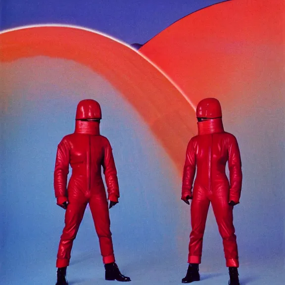 Image similar to two time pilots wearing red rick owens pilot suits inside the glowing geometric rainbow portal to the sixth dimension by frank frazetta