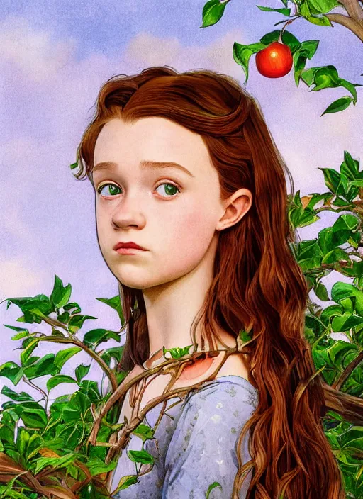 Prompt: well - lit art nouveau portrait of a 1 3 - year old girl who resembles millie bobby brown and sadie sink looking worried under an apple tree, natural lighting, path traced, highly detailed, high quality, cartoon, digital painting, by don bluth and ross tran and studio ghibli