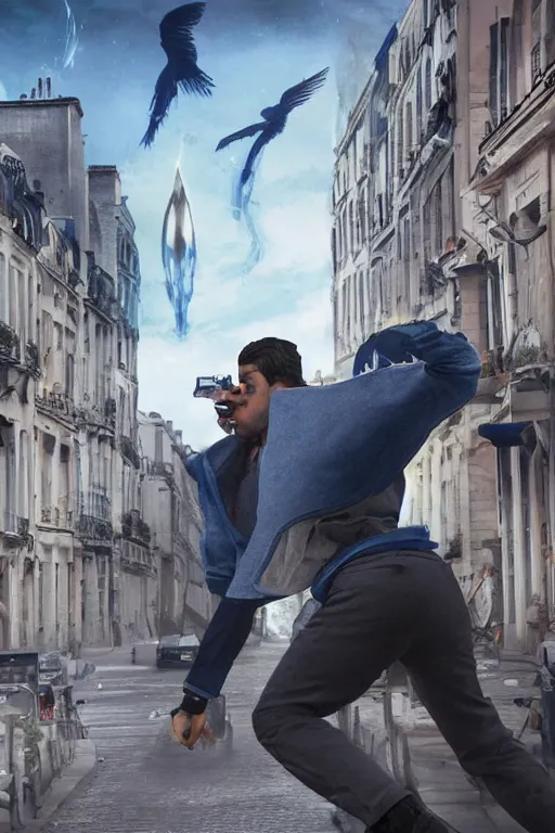 Prompt: in the foreground a Parisian street, in the background a brown man from the back with blue energy wings coming out of his back wearing a long matrix style jacket and starting to fly away, realistic, high definition, great details, dramatic scene, detailed and realistic hands, symmetrical face, realistic eyes, art of invincible