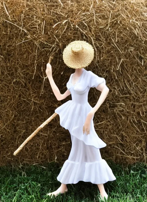 Prompt: Fine Image on the store website, eBay, Full body, 80mm resin figure of a cute tall girl in straw hat and white dress playing guitar, environmental light from the front