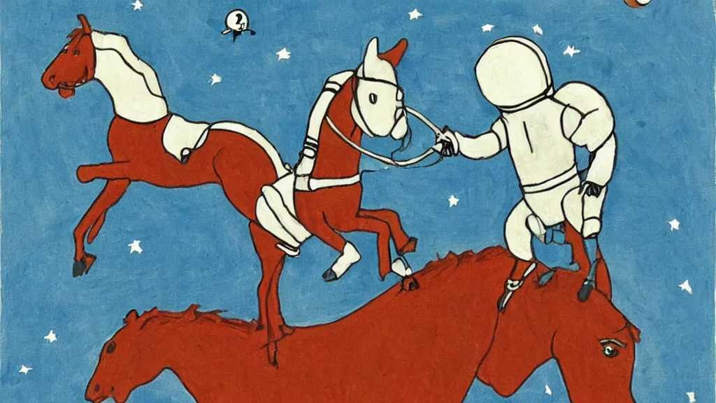 Image similar to a horse riding an astronaut, art by tove jansson