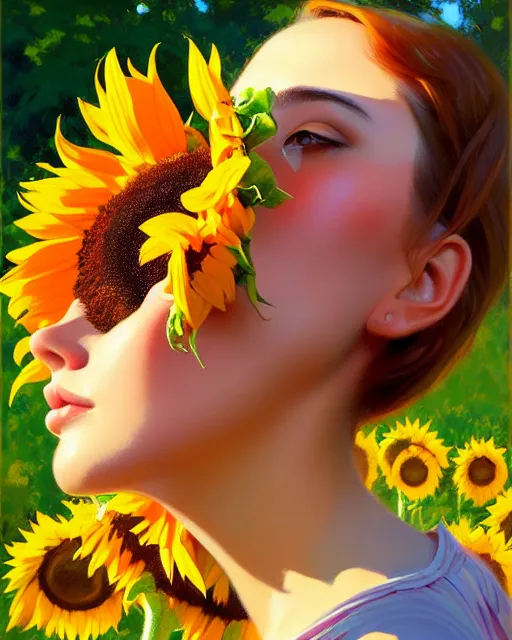 Image similar to stylized portrait of an artistic pose, composition, young lady sorrounded by nature, sunflowers, realistic shaded, fine details, realistic shaded lighting poster by ilya kuvshinov, magali villeneuve, artgerm, jeremy lipkin and michael garmash and rob rey