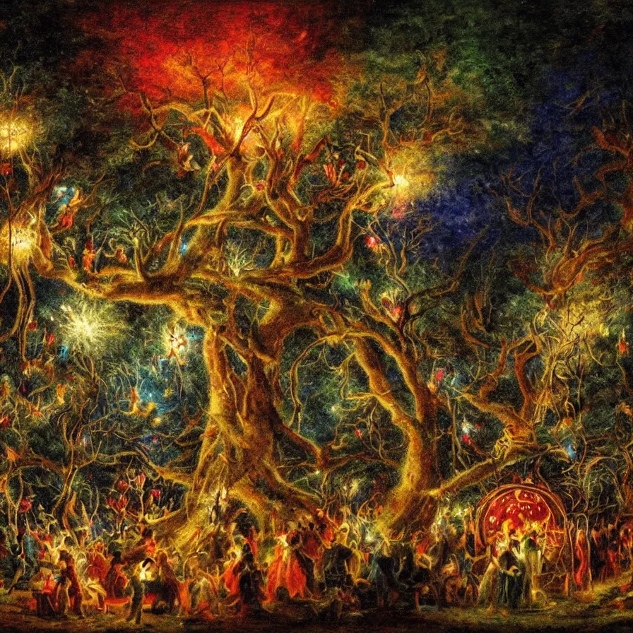 Image similar to closeup of a night carnival inside a tree cavity in a magical forest in the middle of a summer storm, with a music scenario with many fireworks and christmas lights, volumetric lightning, instense god rays in the sky, folklore people disguised with fantastic creatures in a magical forest by summer night, masterpiece painted by fernand toussaint, very coherent and colorful high contrast masterpiece,