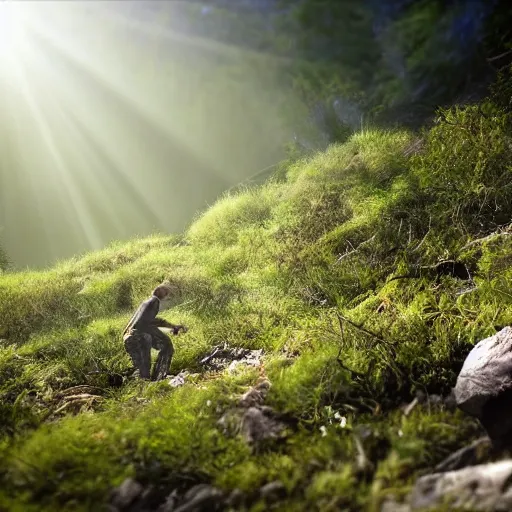Prompt: man hunting for quartz on a steep hillside covered by dense trees with shafts of light. photo realistic.