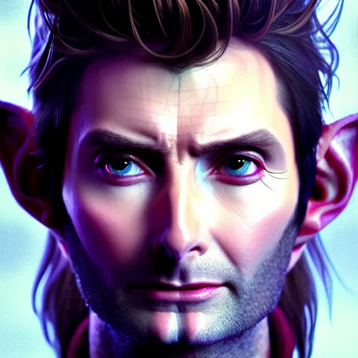 Image similar to portrait painting of a cyberpunk elven beautiful david tennant, ultra realistic, concept art, intricate details, eerie, highly detailed, photorealistic, octane render, 8 k, unreal engine. art by artgerm and greg rutkowski and charlie bowater and magali villeneuve and alphonse mucha