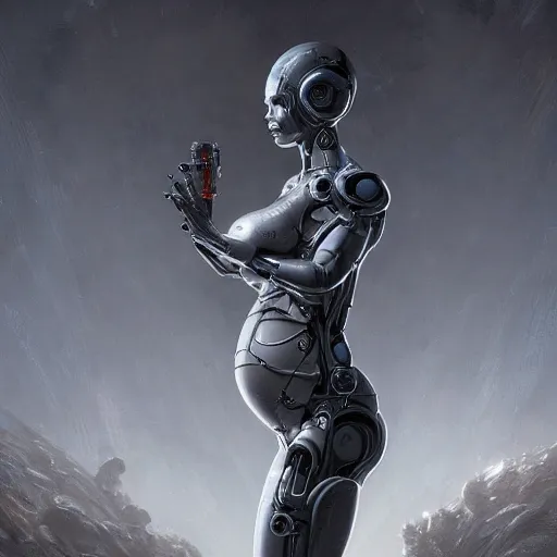 Image similar to pregnant female cyborg, robot anatomy elements, female body elements, cozy atmospheric and cinematic lighting, ultra rendered extreme realism and detail 8 k, realistic, giger, in the style of greg rutkowski, by artgerm, by gustave dore, by marco turini, photorealistic, elegant, sharp focus,