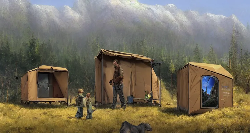 Image similar to cabela's beautiful comfortable carbon framed, modular insulated wall portable container home kit - house all weather family dwelling tent house, person in foreground, mountainous forested wilderness open fields, beautiful views, painterly concept art, environmental concept art, concept art illustration, by james gurney, by craig mullins, by greg rutkowski trending on artstation