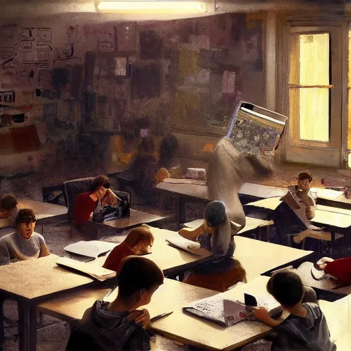 Prompt: A bored teenager in a full of students classroom looking at his smartphone, artwork by Craig Mullins, isometric camera, detailed, trending on artstation