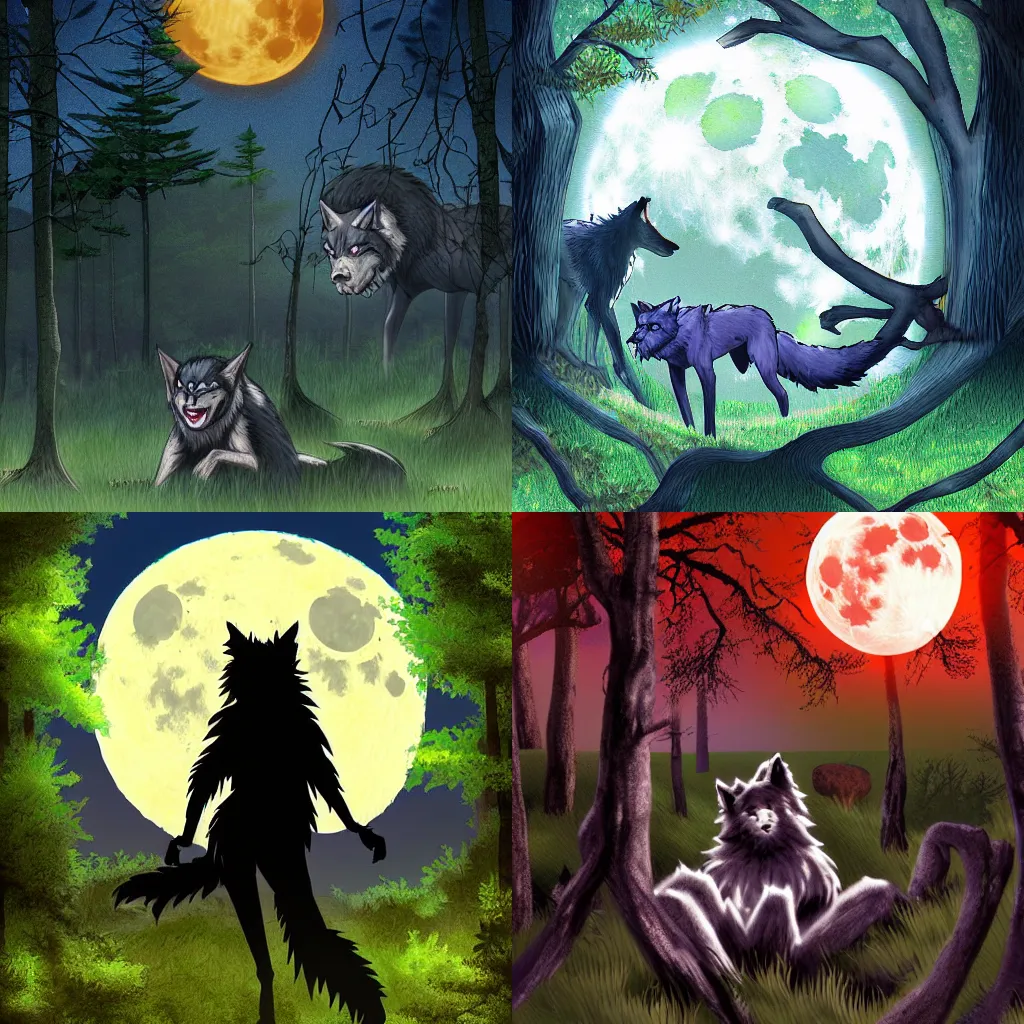 Prompt: Anime werewolf in the forest with a full moon background, digital art