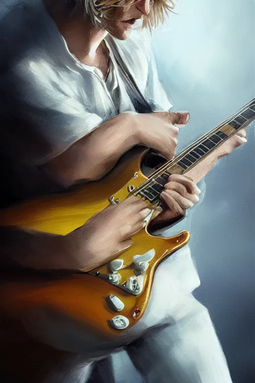 Image similar to blonde wild hair boy playing fender stratocaster, eye - patch, close - up portrait, plain white tshirt, powerfull, intricate, elegant, volumetric lighting, scenery, digital painting, highly detailed, artstation, sharp focus, illustration, concept art, steve mccurry