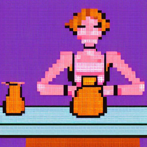 Image similar to pixel art, close up, gypsy woman sits at a wooden table, on the table are flasks of glowing liquids