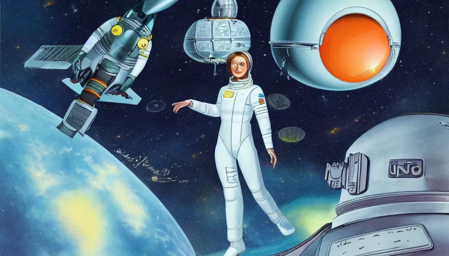 Prompt: a portrait of a female astronaut floating in a scenic space environment by jim burns in the style of yoko tsuno