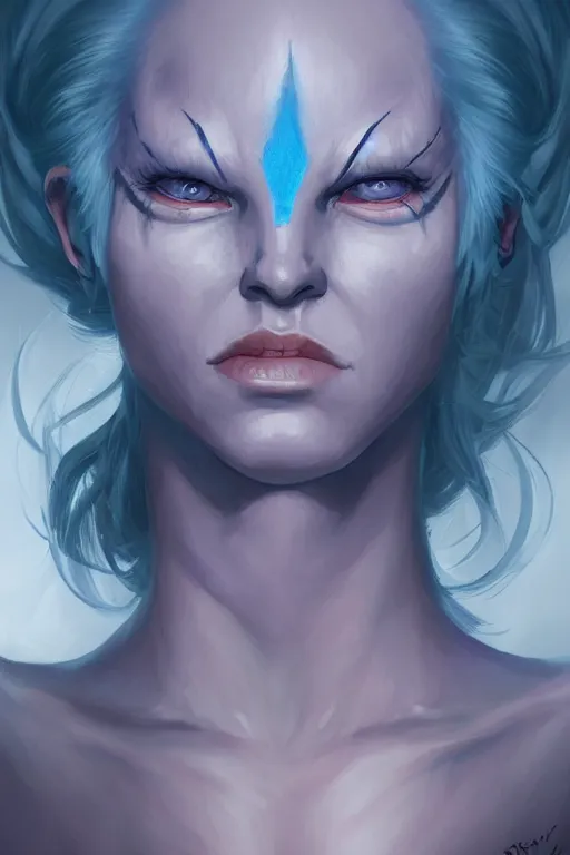 Image similar to shirley ann manson as a blue skinned tiefling, d & d, fantasy, portrait, highly detailed, headshot, digital painting, trending on artstation, concept art, sharp focus, illustration, art by artgerm and greg rutkowski and magali villeneuve