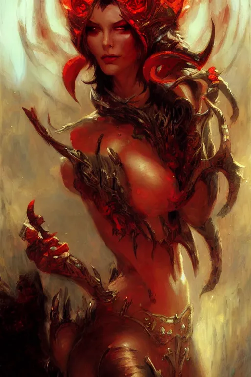 Image similar to very attractive demon queen with red eyes painting by gaston bussiere, craig mullins, luis rollo, close - up portrait, digital painting, highly detailed, artstation, sharp focus, illustration, concept art, hd
