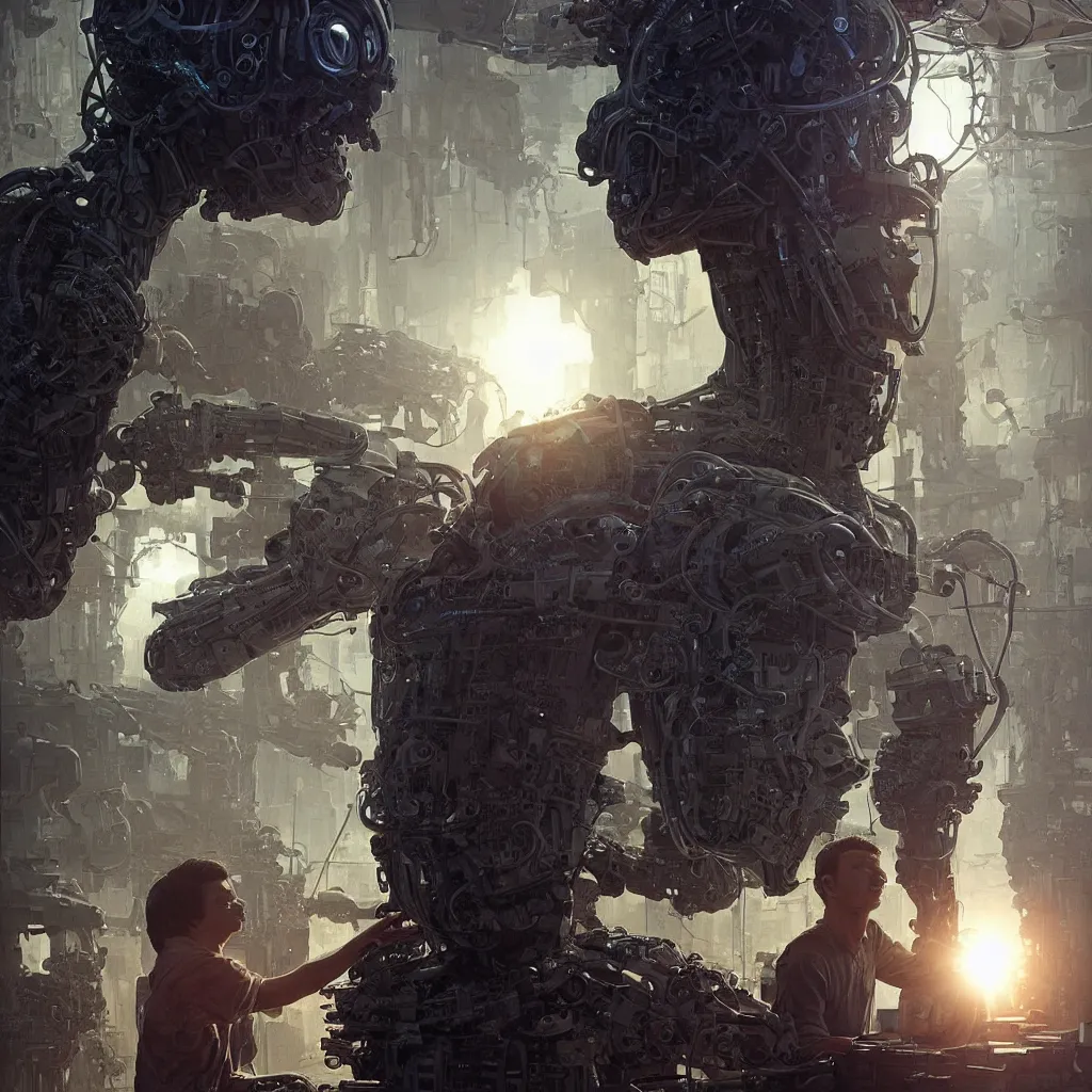 Image similar to extremely detailed cinematic movie still long shot of young artist working in his art lab with robots hyperreal skin face by denis villeneuve, wayne barlowe, simon birch, marc simonetti, philippe druillet, beeple, alex grey bright volumetric sunlight, rich moody colors, bokeh