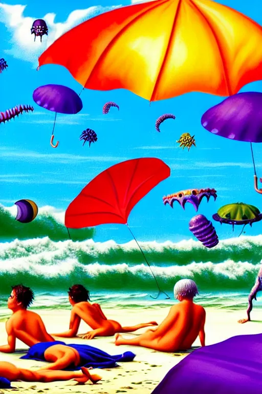 Image similar to a hyperrealistic painting of scary sea creature ambushing people laying on the beach with colorful umbrellas and kites flying in the air. cinematic horror by chris cunningham, lisa frank, richard corben, highly detailed, vivid color,