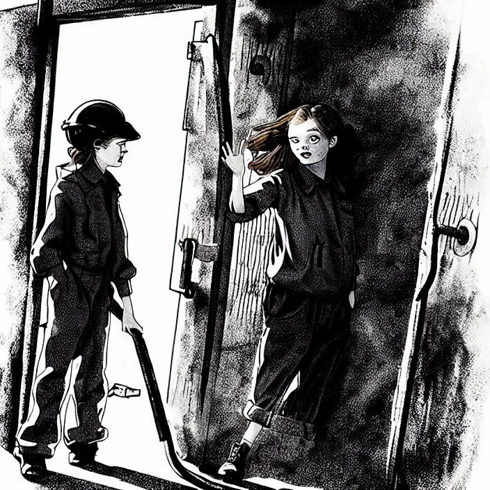 Image similar to sadie sink in dirty workmen clothes waves goodbye to workmen. near a gate. background : factory, dirty, polluted. technique : black and white pencil and ink. by gabriel hardman, joe alves, chris bonura. cinematic atmosphere, detailed and intricate, perfect anatomy