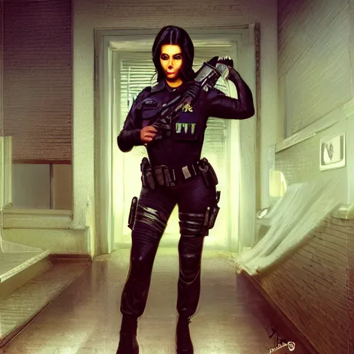 Image similar to kim kardashian as a cop, police uniform, full body view, full pov, haunted house interior, pretty, aesthetic, dust molecules, matte detailed photo, DeviantArt, Artstation, by donato giancola, ralph horley, loish, cinematic lighting