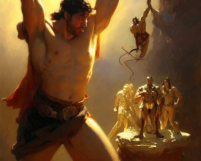 Image similar to regal magician man, casting light magic, summoning a muscular god. highly detailed painting by gaston bussiere, craig mullins, j. c. leyendecker 8 k