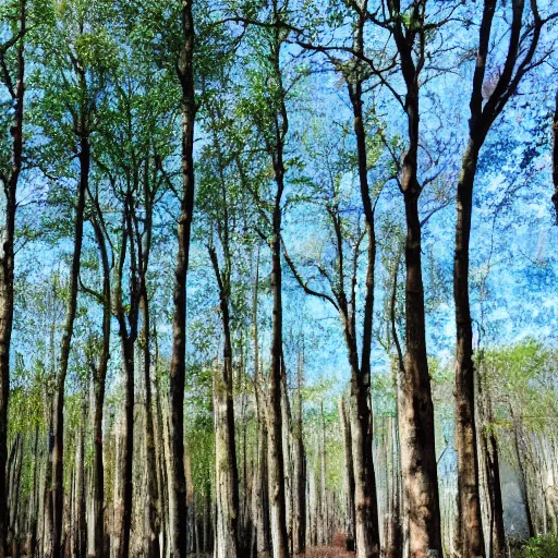 Image similar to a forest of trees made out of stone bricks with blue leaves