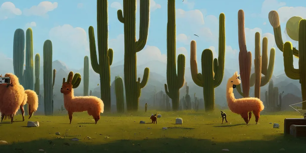 Image similar to Llamas and cacti by Goro Fujita and Simon Stalenhag , 8k, trending on artstation, hyper detailed, cinematic