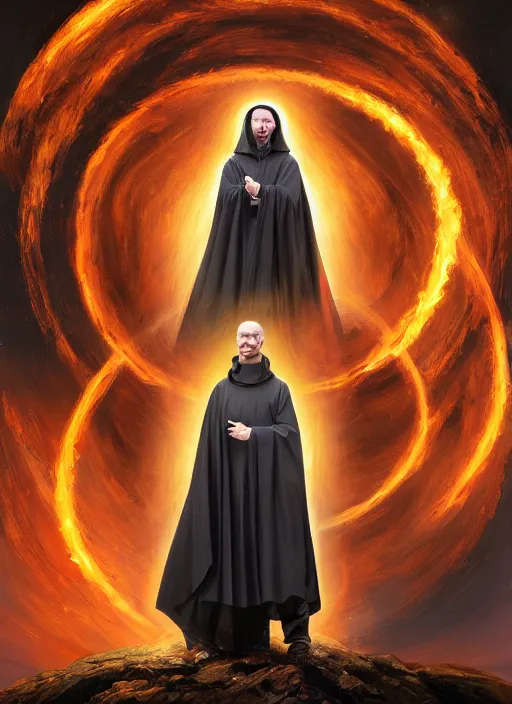 Image similar to detailed portrait of Fr. Mike Schmitz wearing a cloak over his head, eyes on fire with celestial flames, a halo of shimmering color around him, future earth in the background, by Jason Jenicke and Jeremy Mann, intricate, beautiful, stylized, detailed, realistic, loose brush strokes, dramatic, enduring, captivating, Artstation