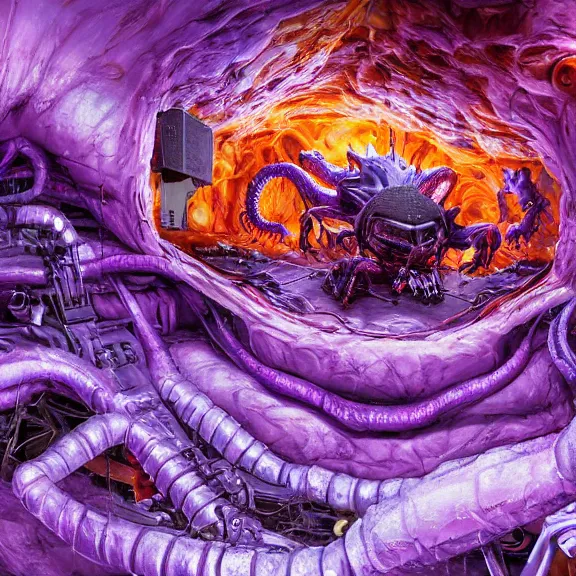 Image similar to detailed shot of inside a cavernous living stomach of a giant hot robot dragon, the walls purple and pulsing, lots of acid pooling up on the floor, digesting and dissolving a human that ended up inside, food pov, micro pov, vore, digital art, furry art, high quality, 8k 3D realistic, macro art, micro art, Furaffinity, Deviantart, Eka's Portal, G6