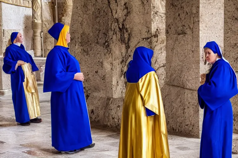 Prompt: photo of 3 women at the tomb of jesus, blue robes, golden triangle composition