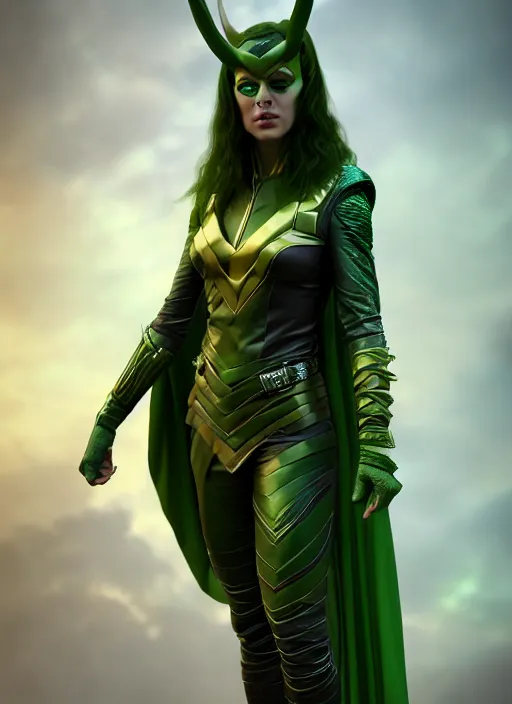 Image similar to Billie as Female Loki, Goddess of Mischief, sci fi, elegant, olive skin color, hyper realistic, hyper detail, very detailed, digital art, trending on artstation, smooth render, 8k blender render,