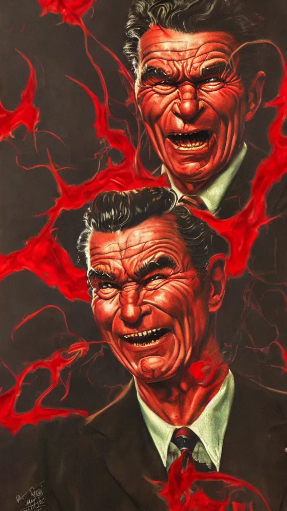 Prompt: demonic ronald regan with red horns, painting in the style of norman rockwell, 1 9 5 0 s, evil, satan, devil, demonic, demon, hyperrealistic, photorealistic, award - winning, 4 k, ultra hd, artstation, intricate, highly detailed, american, usa, dark, gritty