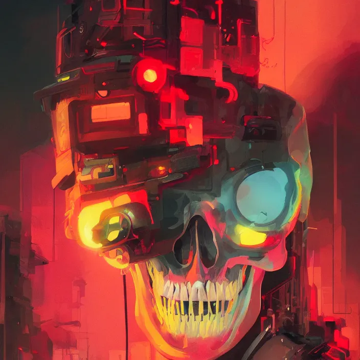 Image similar to a colorful comic noir illustration painting of a cyberpunk skull by sachin teng, sergey kolesov, greg rutkowski, in style of digital art. hyper detailed, sharp focus, soft light. octane render. ray tracing. trending on artstation