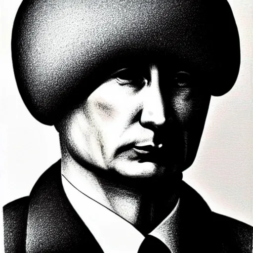 Prompt: vladimir putin with a ushanka that looks like a nuclear blast, mushroom cloud, cartoonish, ultra detailed pencil drawing