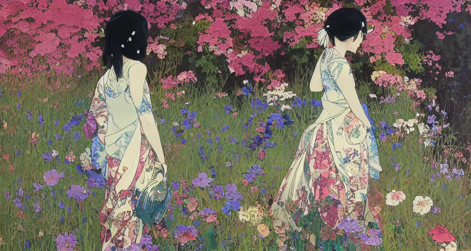 Image similar to oil painting, long shot, beautiful floralpunk japanese girl illustration walking in a park, detailed patterns art of japan traditional dress, flower pop art, floral splash painting, art by ashley wood, alphonse mucha, makoto shinkai, geof darrow, dark shadow